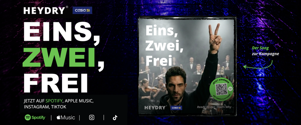 KI-Kampagne „Eins, zwei, frei“ von HEYDRY und CASA SI mit Kampagnensong auf Spotify, Apple Music, Instagram und TikTok.
