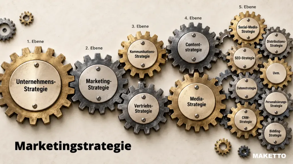 Zahnräder visualisieren das Zusammenspiel von Unternehmensstrategie, Marketingstrategie, Kommunikations- und Vertriebsstrategie bis hin zu Content-, Media-, SEO-, Social-Media-, CRM-, Daten- und weiteren Strategien.